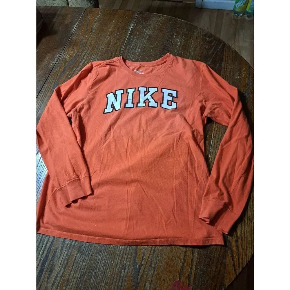 Large Nike Orange White Black Cotton Long Sleeve Crew Neck Pullover Tee Tshirt